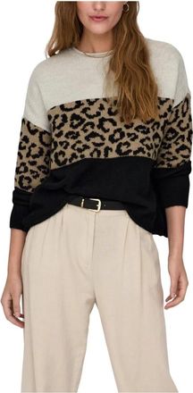 Only Round-neck Knitwear, female, Beige, Size: L Leopard Print Knitwear with Long Sleeves and Round Neck
