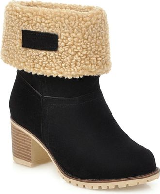 Generic Womens Mid Block Heel Short Boots Pull on Fold-Over Winter Boots Round Toe Faux Suede Platform Boot,Black,6.5 UK