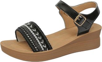 Generic Summer Sandals for Women Size 5 Thick Wedge Heeled Womens Shoes Hollow Colorful Decoration Outer Wear Fashionable Casual Summer (Black, 4.5)