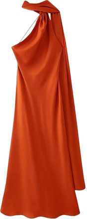Generic Womens Party Satin Dress Halters Collar Sleeveless Dresses Ruffles Regular Fit Midi Skirt Orange M