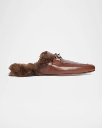 Gucci Men & apos;s Shearling-Lined Leather Horsebit Mules