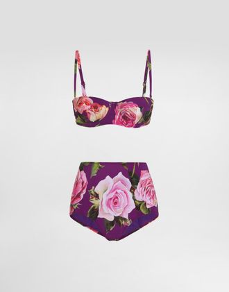 Dolce & Gabbana Rose-print Balconette Bikini Top And High-waisted Bottoms - Woman Swimwear Print 1