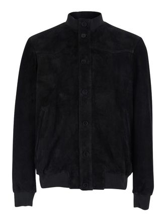 low brand Black Suede Jacket With Ribbed High Collar