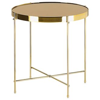 Beliani Beliani - Mesa Auxiliar Con Tapa De Vidrio Templado Marr&oacute;n Dorado Y Patas De Metal Dorado Redonda Estilo Glamour Lucea