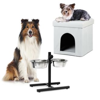 Relaxdays Set 2 Accessori Home Sweet Deluxe M Cuccia e Mangiatoia Doppia per Cani Sgabello con Apertura, Ciotole Rialzate, Bianco