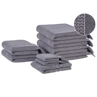 Beliani Beliani - Conjunto De 9 Toallas De Algod&oacute;n Gris Rizo Textura Borlas Decorativas Ba&ntilde;o Atiu