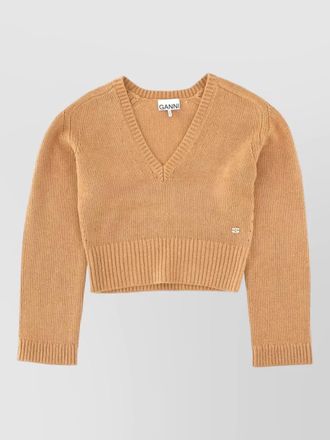 Ganni wool jersey cropped top long sleeves v neckline