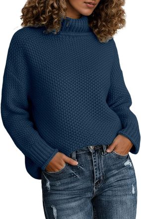 Generic Winter High Neck Knitted Sweater Long Sleeve Rolled Edge Pullover for Cozy Fall Turtleneck Top (Navy, L)-2