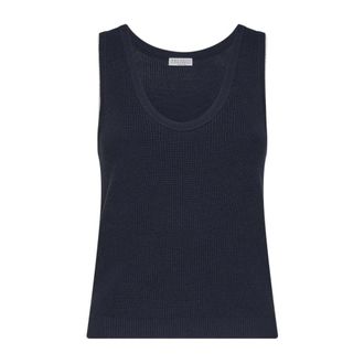 Brunello Cucinelli Brunello Cucinelli, Sleeveless Tops, female, Blue, Size: XS Cotton Ribbed Knit Top