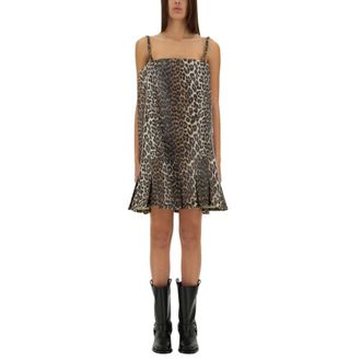 Ganni Short Dresses, female, Multicolor, Size: XS Leopard Print Spaghetti Strap Mini Dress