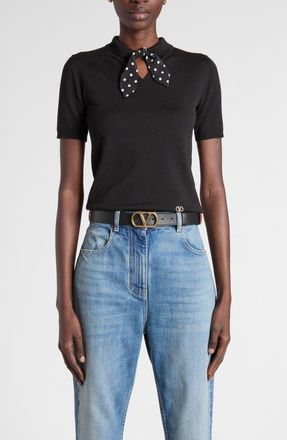 Valentino Garavani Short Sleeve Wool Blend Sweater with Polka Dot Silk Pussybow in Black at Nordstrom, Size X-Large