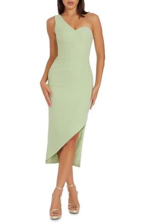 Dress The Population Magnolia One-Shoulder Asymmetric Body-Con Midi Dress in Sage at Nordstrom, Size Xx-Large
