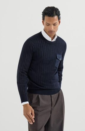 Brunello Cucinelli Cashmere and silk ribbed sweater with chest pocket in Navy Blue at Nordstrom, Size 46
