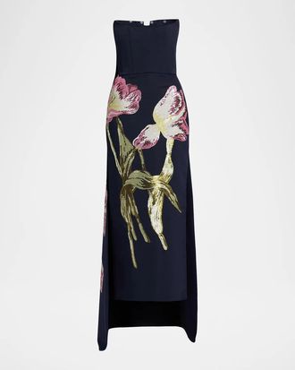 Amsale Strapless Sequined Floral Cape Column Gown