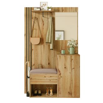 STILVORA Mueble De Recibidor Con 2 Puertas, Espejo Y Asiento Acolchado, Estantes Ajustables Y Soporte Para Paraguas, Mdf, Natural
