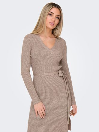 Only Strickkleid ONLY ONLVENLO L/S RIB WRAP DRESS RP KNT, Damen, Gr. XL, N-Gr, beige (beige detail:with melange), Rippstrick, Obermaterial: 50% Viskose, 27