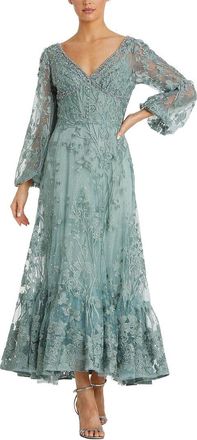 Mac Duggal V-Neck Mech Puff Sleeve A-Line Embellished Dress