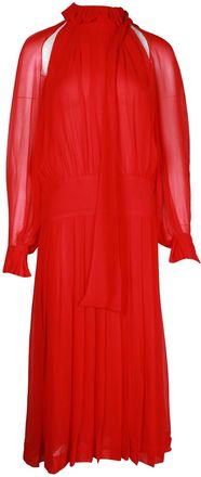 Victoria Beckham Sheer Sleeve Midi Dress in Red Silk