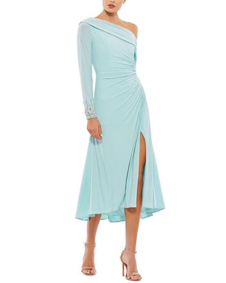 Mac Duggal Foldover Long Sleeve Jeweled Midi Dress