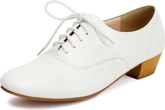 Generic Womens Round Toe Stacked Heels Vintage Oxfords Pumps Comfort Versatile Brouges Dress Shoes (5.5,White)