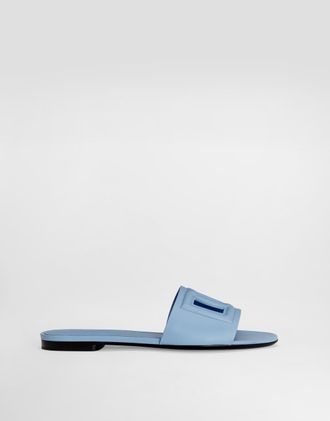 Dolce & Gabbana Calfskin Sliders - Woman Slides And Mules Light Blue Leather 37.5