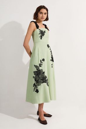 Karen Millen Womens Viscose Linen Placed Floral Lace Embroidered Strappy Midi Dress - Green - Size 10 UK