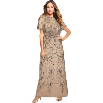 Roaman's Plus Size Beaded Capelet Maxi Gown Glam Evening Dress in Sparkling Champagne at Nordstrom, Size 40
