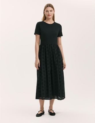 Finery Brea Embroidered Cotton Rich Midi Dress in Black at Nordstrom, Size 20