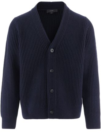 Vince Navy Deep V-Neck Ribbed Merino Wool-Blend Cardigan