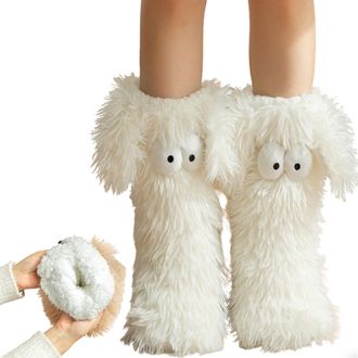 Generic Cozy Socks, Womens Winter Warm Fuzzy Non-slip Slipper Socks, with Cute Big Eyes for Indoor Winter Comfort (White)