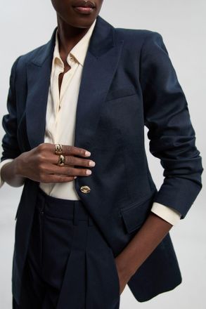 Karen Millen Womens Tailored Linen Single Breasted Blazer - Navy Lyocell - Size 14 UK