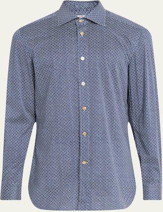 Kiton Mens Cotton Geometric Floral Sport Shirt