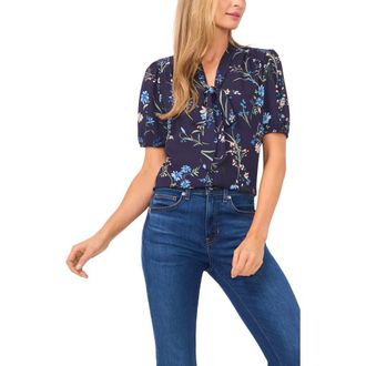 CeCe by Cynthia Steffe Floral Tie Neck Georgette Top in Classic Navy at Nordstrom, Size X-Small