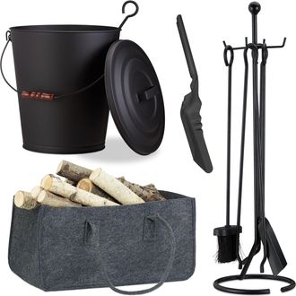 Relaxdays Juego Completo De Chimenea De 8 Piezas, Cubo De Cenizas, Pala Para Carb&oacute;n, Bolsa Para Le&ntilde;a, Acero, Negro/antracita