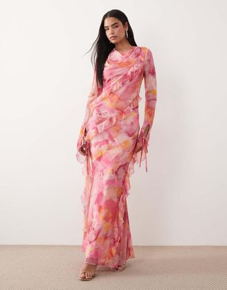 Daska Vestito lungo in chiffon con volant rosa a fiori astratti-Multi