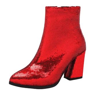 Generic Womens Dressy Ankle Boots Pointed Toe Super High Thick Heel Platform With Side Zipper And Bling Glitter Upper