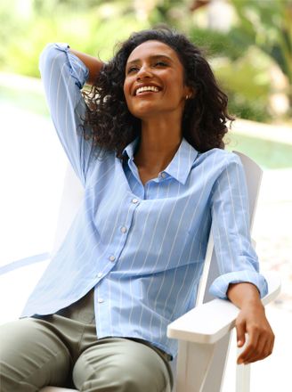 Heine Hemdbluse HEINE, Damen, Gr. 34, eisblau, ecru, gestreift, 50% Baumwolle, 50% Polyester, gemustert, gestreift, mehrfarbig, V-Ausschnitt, Blusen Hemdblu