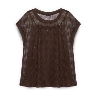 Fiorella Rubino Overhemden, Dames, Bruin, XL, Pailletten, Gebreide top met ajourpatroon en pailletten