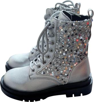 Generic Silver Womens Fashionable and Casual British Style Versatile Thick Sole Sequin Fine Sparkling Round Toe Lace Up Boots for Fashion