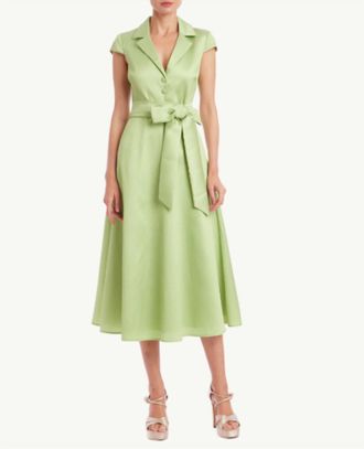 Badgley Mischka Cap Sleeve Belted Shirt Midi Dress In Lime