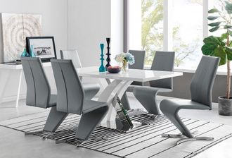 Furniturebox Atlanta Modern Rectangle Chrome Metal High Gloss White Dining Table & 6 Willow Chairs Set in Grey