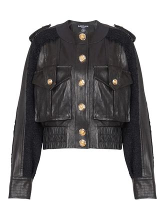 Balmain tweed-panel leather bomber jacket - women - Lambskin - 34 - Black