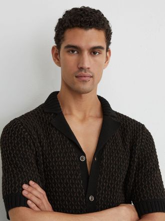 Reiss Black & chocolate Brown Cotton-blend Stitch-detail Knitted Shirt, Xxl
