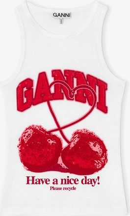 Ganni White Tank Top with Cherry - Size XXS Organic Cotton