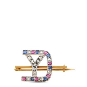 Luxury Bazaar Antique 18K Yellow Gold and Silver-Topped Diamond, Ruby, and Sapphire Brooch MF01-091526