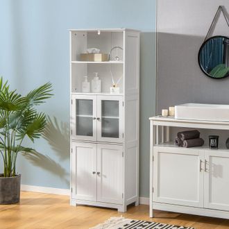 Costway Costway - Armadio Da Bagno, Mobiletto Alto Da Terra Con 2 Armadietti E Ripiani Regolabili, Con Ante In Vetro, Mobile Portaoggetti Multiusi Per Bagno S