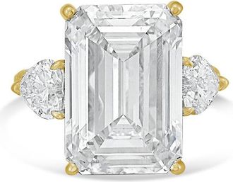 Diana M. Jewels 18kt Yellow gold Lab grown 15ct Emerald diamond ring with heart diamonds on the side and micropave band