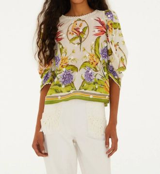 Farm Rio Tropical Scarf Blouse In Sand Green