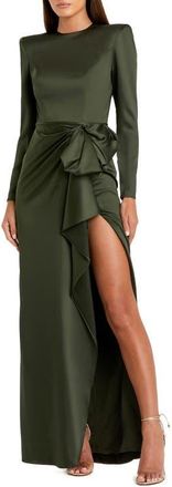 Mac Duggal Petite Long Sleeve Satin Structured Bow Draped Column Gown in Olive at Nordstrom, Size 14