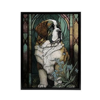 Artery8 St Bernard Dog Floral Modern Art Nouveau Framed Canvas Wall Art Print | Size: W24 x H32